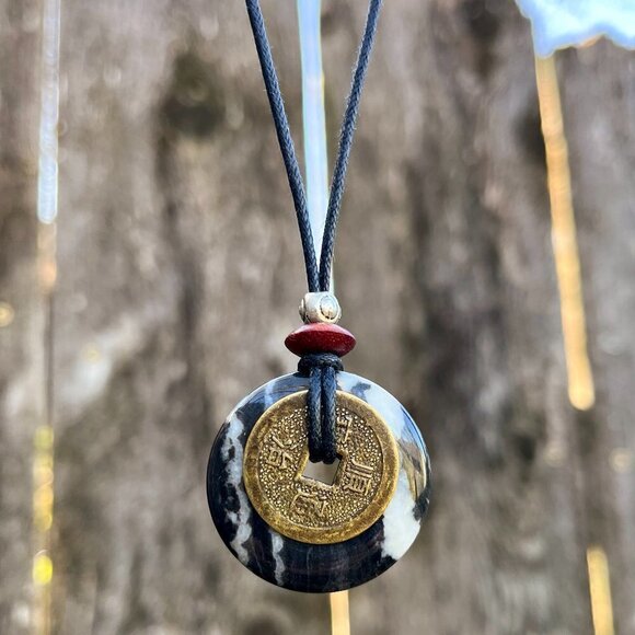 Zebra Jasper and Lucky Coin Pendant - Picture 3 of 5